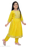 Yellow cotton blend anarkali kurta and calf length patiala set for girls, intricately embroidered, ideal for festive occasions