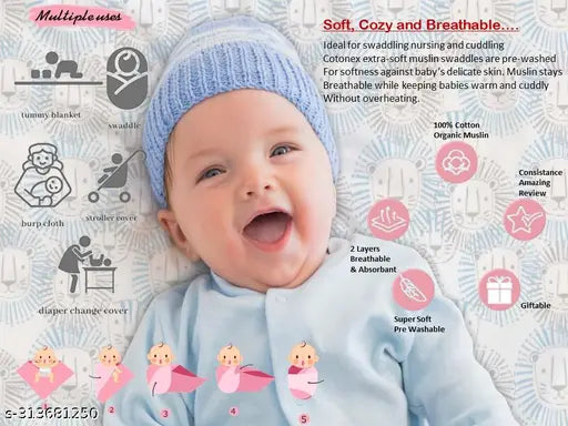 Organic cotton muslin baby swaddles (pk of 3) - Class Home multi-use, lightweight blankets for newborns, ideal for AC room, free organic socks included