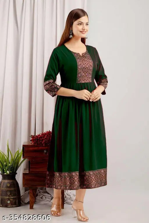 Rayon anarkali kurti for party wear, solid color three-quarter sleeve dress, Indian fashion clothing on mannequin