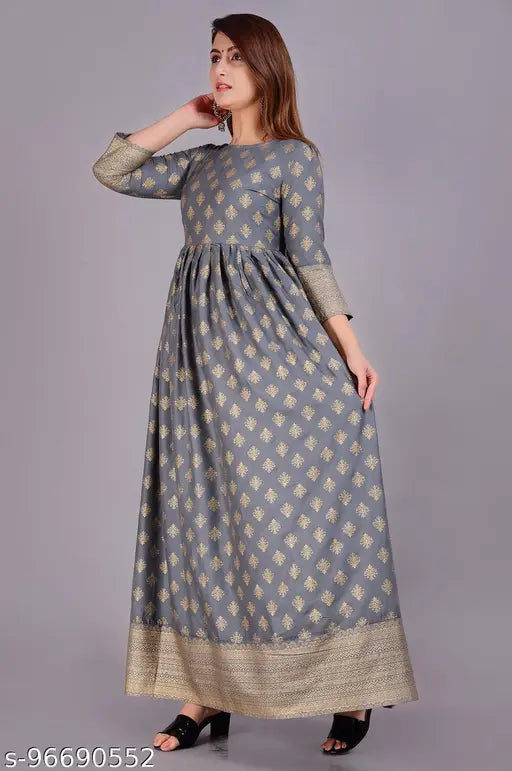 Rayon printed combo Emperus women's kurta, three-quarter sleeve, grey and gold, India origin