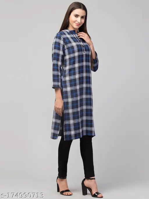Dark blue wool checkered straight kurta with three-quarter sleeves, Indian women's fashion print on hangar