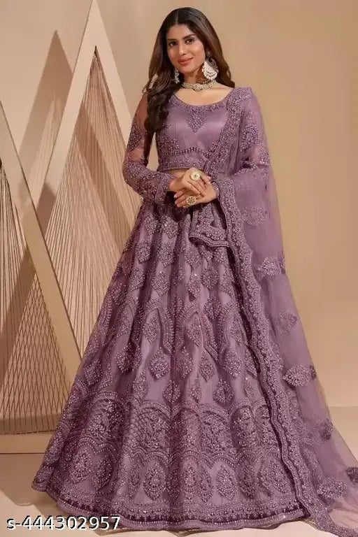 Lavender net lehenga choli & dupatta with embroidery, semi-stitched (42wa/42len/70dup), Indian bridesmaid wear