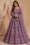 Lavender net lehenga choli & dupatta with embroidery, semi-stitched (42wa/42len/70dup), Indian bridesmaid wear