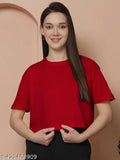 Women's red oversized cotton t-shirt, loose fit and short sleeves, India origin