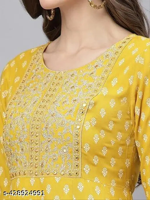 Yellow printed Anarkali with embroidery, rayon fabric, three-quarter sleeves - women's festival wear for parties and events