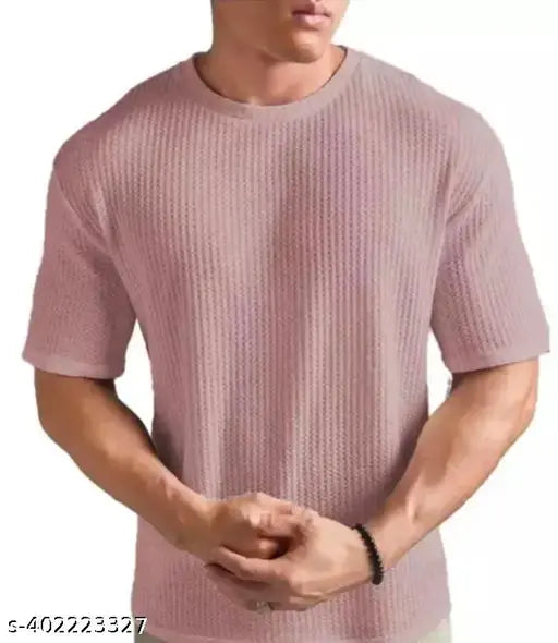 Trendy pink popcorn fabric round neck t-shirt, high quality, breathable & stylish for casual wear
