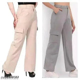 Women's premium cotton wide leg 4-pocket cargo trousers, solid color, pack of 2 (Sizes: S, M, L, XL)