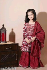 Embroidered kids set with rayon kurta, dupatta, and bottomwear in various sizes (5-12 years), Indian origin