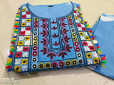 Cotton Bhandaj embroidery kurti and pant with three-quarter sleeves, Indian printed clothing on mannequin