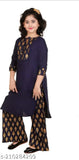 Rayon kids red kurta palazzo set, printed stylish kurta for girls in three-quarter sleeves, India-origin on mannequin