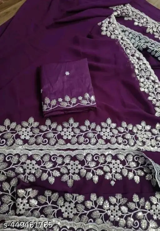Gorgeous purple Georgette saree with embroidered cutwork broder work, Indian made