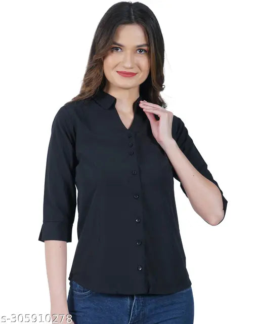 Black polycotton women's solid regular fit shirt, soft, lightweight, machine washable, ideal for party, formal, casual, business wear