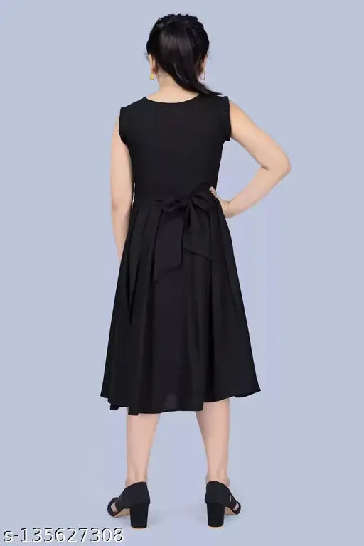 Black rayon embroidered midi-knee length party dress for girls, single size 9-10 years with sleeveless design, made in India