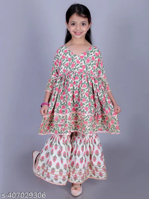 Multicolor cotton floral print Anarkali/Flared Kurta & Sharara Set for girls, 90% cotton and 10% polyester. Comfortable all-day wear with gentle machine wash. Sizes: 2-3 Years (Top Length 20in, Bottom Length 20in), suitable for casual occasions. Made in India