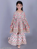 Multicolor cotton floral print Anarkali/Flared Kurta & Sharara Set for girls, 90% cotton and 10% polyester. Comfortable all-day wear with gentle machine wash. Sizes: 2-3 Years (Top Length 20in, Bottom Length 20in), suitable for casual occasions. Made in India