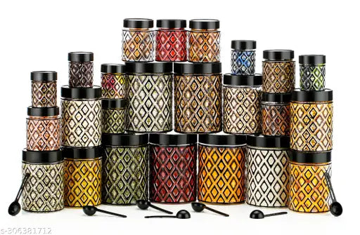 Black plastic dry fruit jars set: 24 airtight 250ml, 350ml, 650ml, 1200ml containers, ideal for kitchen storage