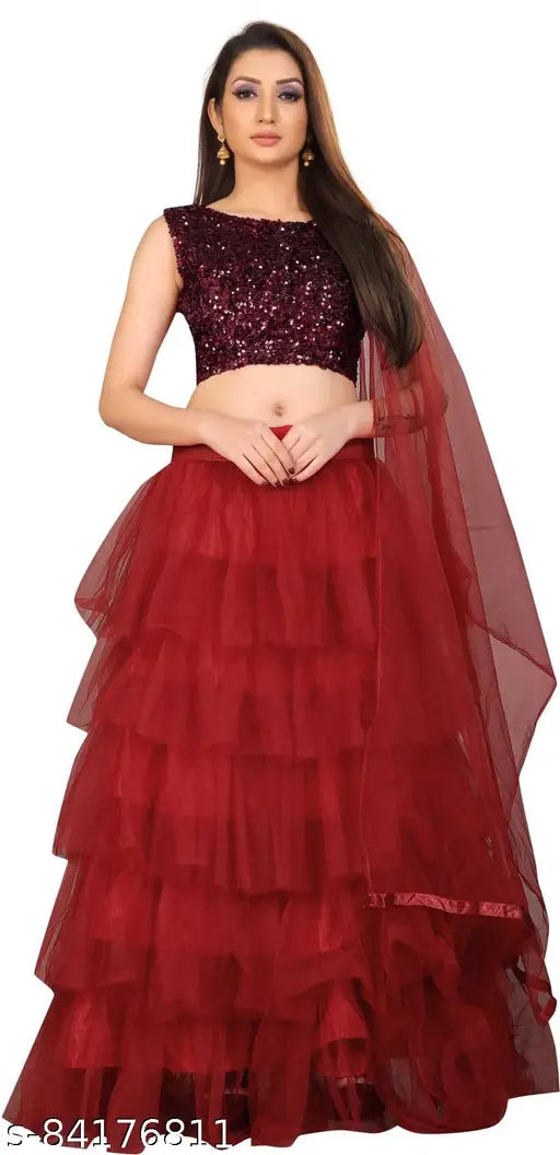 Satin sequin work semi-stitched lehenga choli & net dupatta set, features ruffle and lace patterns, free size up to waist 42 inch