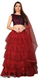 Satin sequin work semi-stitched lehenga choli & net dupatta set, features ruffle and lace patterns, free size up to waist 42 inch