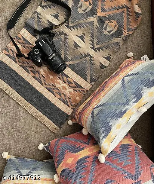 Handcrafted beige-brown cotton sofa throw, abstract pattern, KRI brand