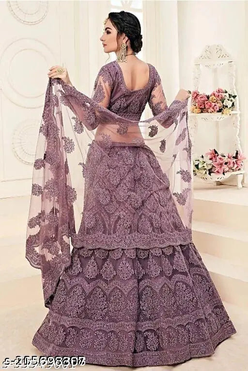 Monrav designer net lehenga choli with blouse piece, embroidered Indian bridal outfit for semi-stitched size 42