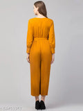 Indian crepe women's solid jumpsuit, long sleeves, gathered belted style