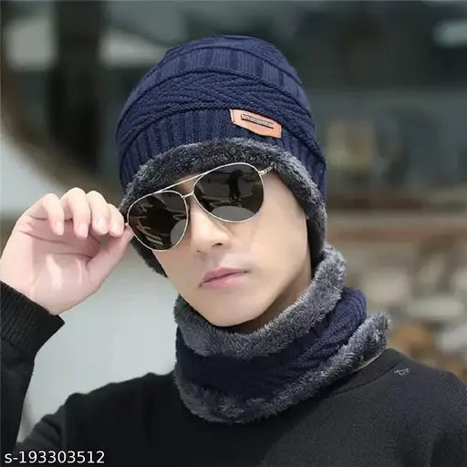 Blue wool beanie cap and neck warmer muffler, elite premium snow proof, thick fleece lining, hand-knitted feel, criss-cross basket weave design