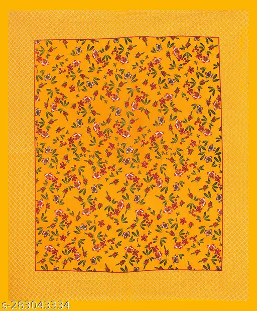 White floral pure cotton flat sheets set, includes 2 pillow covers for summer - Indian handloom design