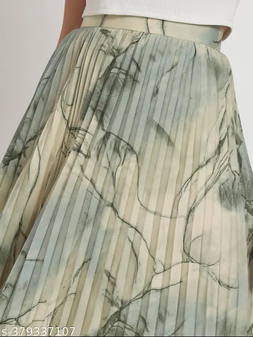 Polyester A-Line MIDI printed skirt, elegant pleated design, elastic waistband, perfect for various occasions, Indian origin