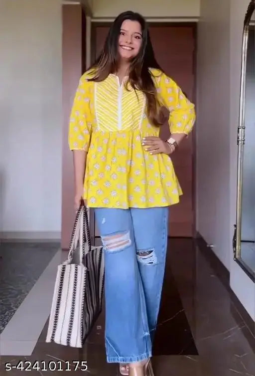 Yellow short rayon kurti, three-quarter sleeves, summer print for women, India