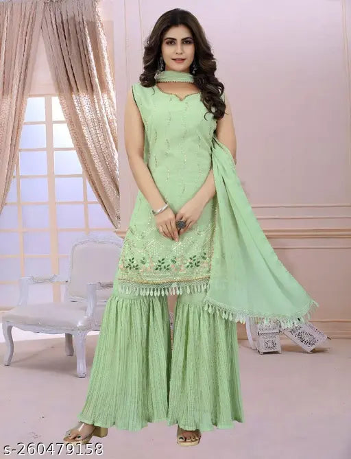 Georgette embroidered fashionable sleeveless sequence work Kurta, Sharara & Dupatta set for wedding parties & festivals - vibrant Indian design, trendy and comfortable