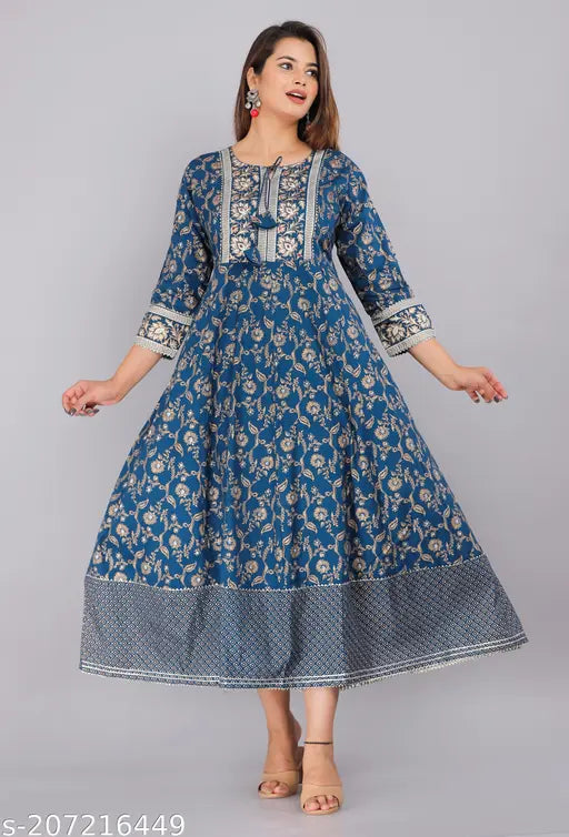Blue rayon embroidered Anarkali kurti with three-quarter sleeves and printed pattern for women, available in multiple sizes (M, L, XL, XXL, 4XL, 5XL, 6XL, 7XL). Handcrafted Indian fashion