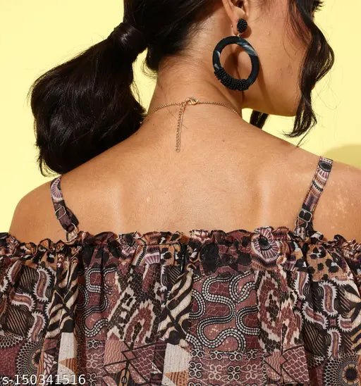 Multicolor abstract off-shoulder polyester jumpsuit with ruffled sleeves, animal print, 2 side pockets. India-made women's fashion jumpsuit