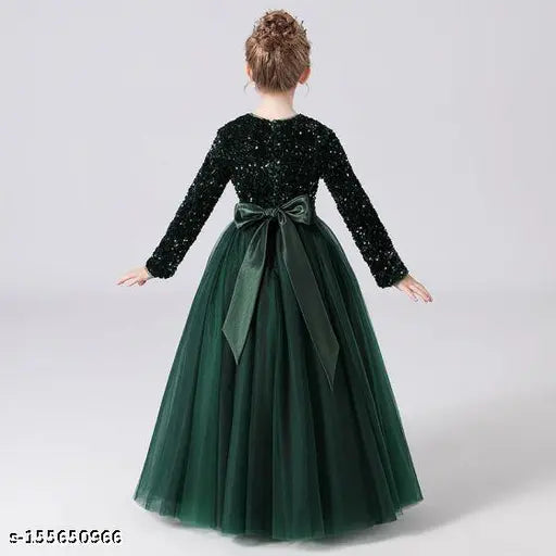 Green net fabric kids gown dress with sequin work for partywear, embellished long sleeve design, soft touch nylon bottom, full length above knee