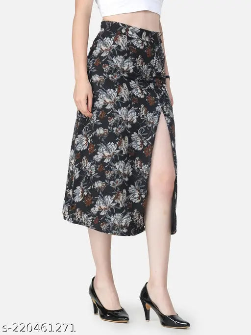 Georgette print net Sheero black front-slit skirt, size 32 (India)