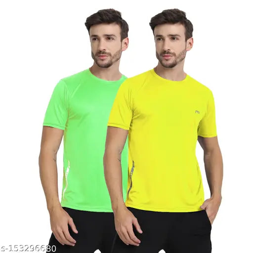 Yellow polyester short sleeve regular round T-shirts (pack of 2) for men, solid design, versatile fashion in India