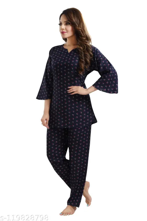 Navy cotton blend kurta & pyjama night suit, printed pattern on alpine cotton fabric for women's sleepwear, LIFETALE pre-combed breathable material
