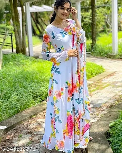 White Georgette floral printed trendy gown for women, featuring long sleeves and matching dupatta. Perfect for parties or weddings. Indian ethnic wear with beautiful queen-like style