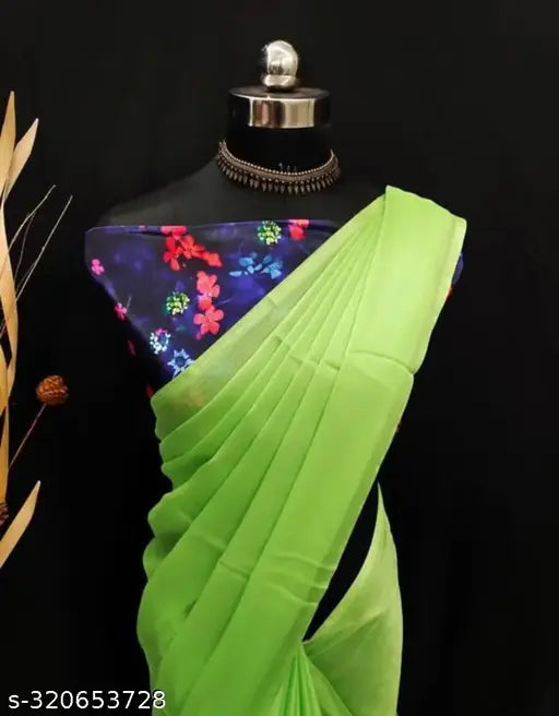 Chiffon saree with printed blouse, free size, Indian-origin applique and printed chiffon saree set for women on display