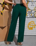 Green cotton blend bell bottom trousers for women, high-rise with elastic waistband and front seam detail, suitable for casual or office wear