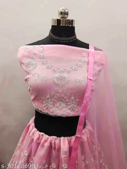 Embroidered net lehenga set for women, semi-stitched (44in waist, 43in length), made in India