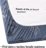Grey botanical-print cotton fitted bedsheets, soft glace cotton, ideal for summer adult use, 2 pillow covers included, 320 thread count, 72x78x8 inches, made in India