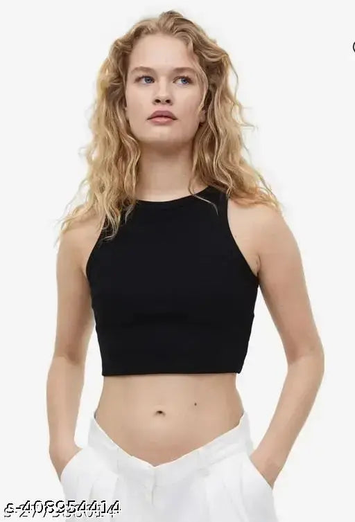 Black lycra crop cami tank top for women, solid net style