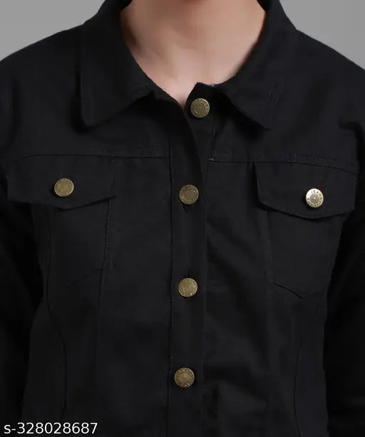 Stylish denim black jacket for kids 10-16 yrs, featuring long sleeves and solid pattern. Perfect fashion accessory this season