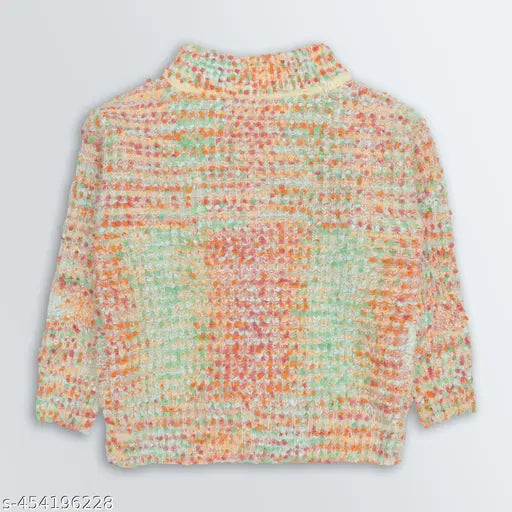 Peach acrylic loose-fit sweater for girls, self-design net pattern, 18-24 months size