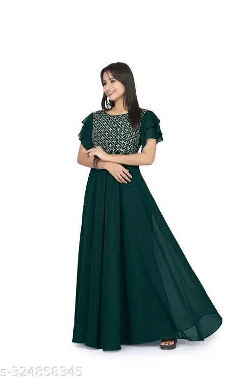 Green Georgette Embroidered Gown, Bosaru women's charming geometric design