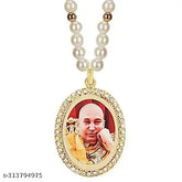 White pearl and gold beads GuruJi Swaroop pendant for car hanging, religious idol with diamond stones, Indian artisan crafted
