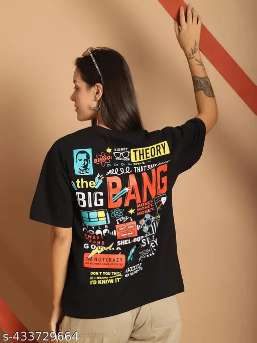 Cotton half sleeve printed oversized t-shirt (black), versatile relaxed fit, eye-catching prints on front and back, round neck, three-quarter sleeves, perfect for summer wear