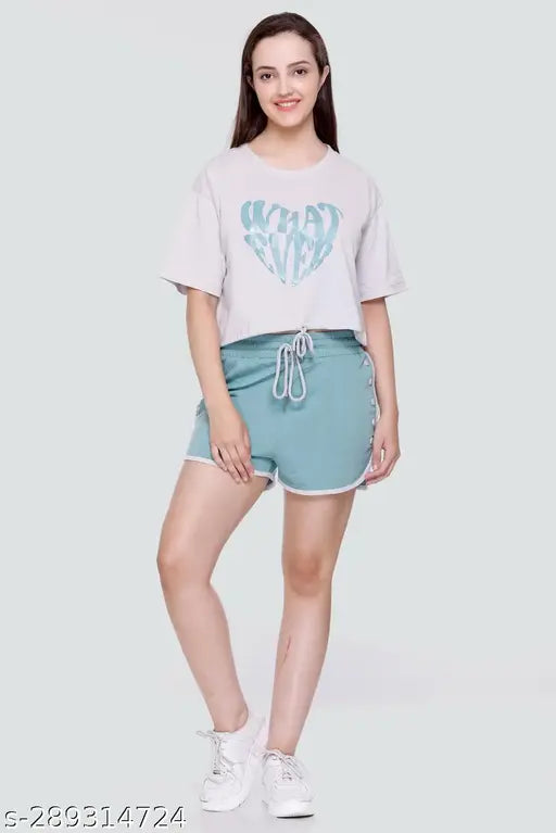 Cotton blend women's printed top & shorts set, round neckline, short sleeves & elastic waist - Indian-made