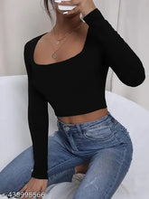 Cotton solid square neck long sleeve crop top, women's casual wear from India