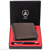 Brown genuine leather wallet and pen combo for men, RFID protected with 2 compartments, hand stitched and made from top grain leather, color may slightly vary due to natural variation in pure leather
